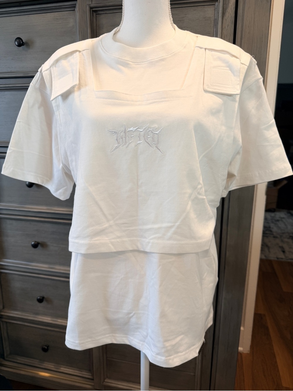 Kids White Layered Short-Sleeve Tee with Subtle Embroidered Detail